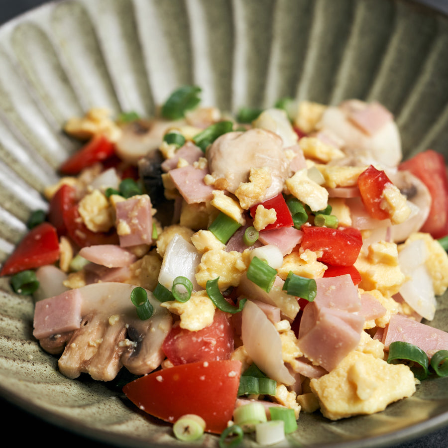 Loaded Scrambled Eggs with Mushrooms, Tomatoes, Peppers, Ham & Cheese