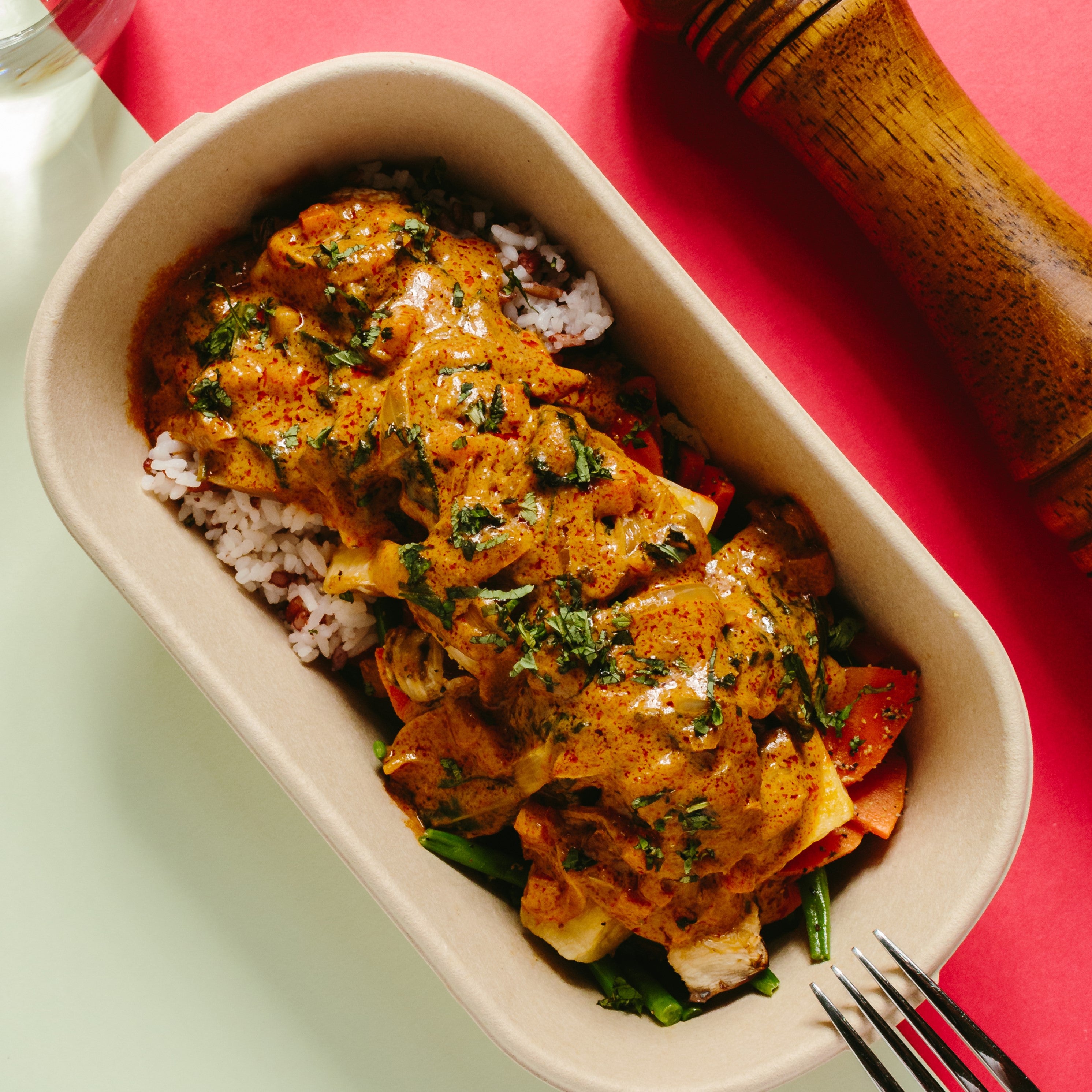 Chicken & Eggplant Massaman Curry with Green Beans & Carrots and Jasmi