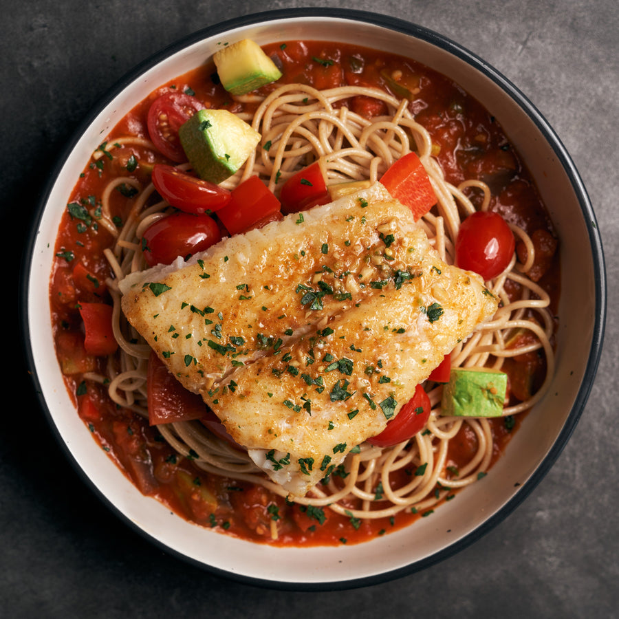 Roasted Fish Fillet with Eggplant Caponata, Zucchini, Red Peppers, Cherry Tomato & Whole Wheat Spaghetti
