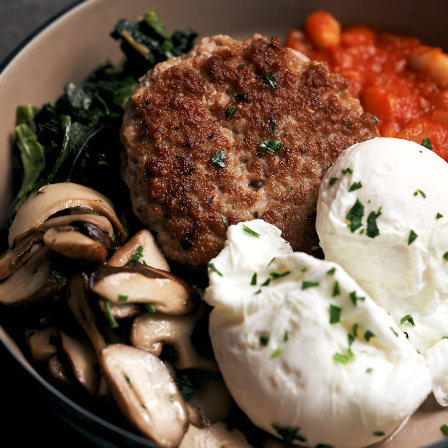 Poached Eggs with Italian House Made Sausage and Tuscan Baked Beans