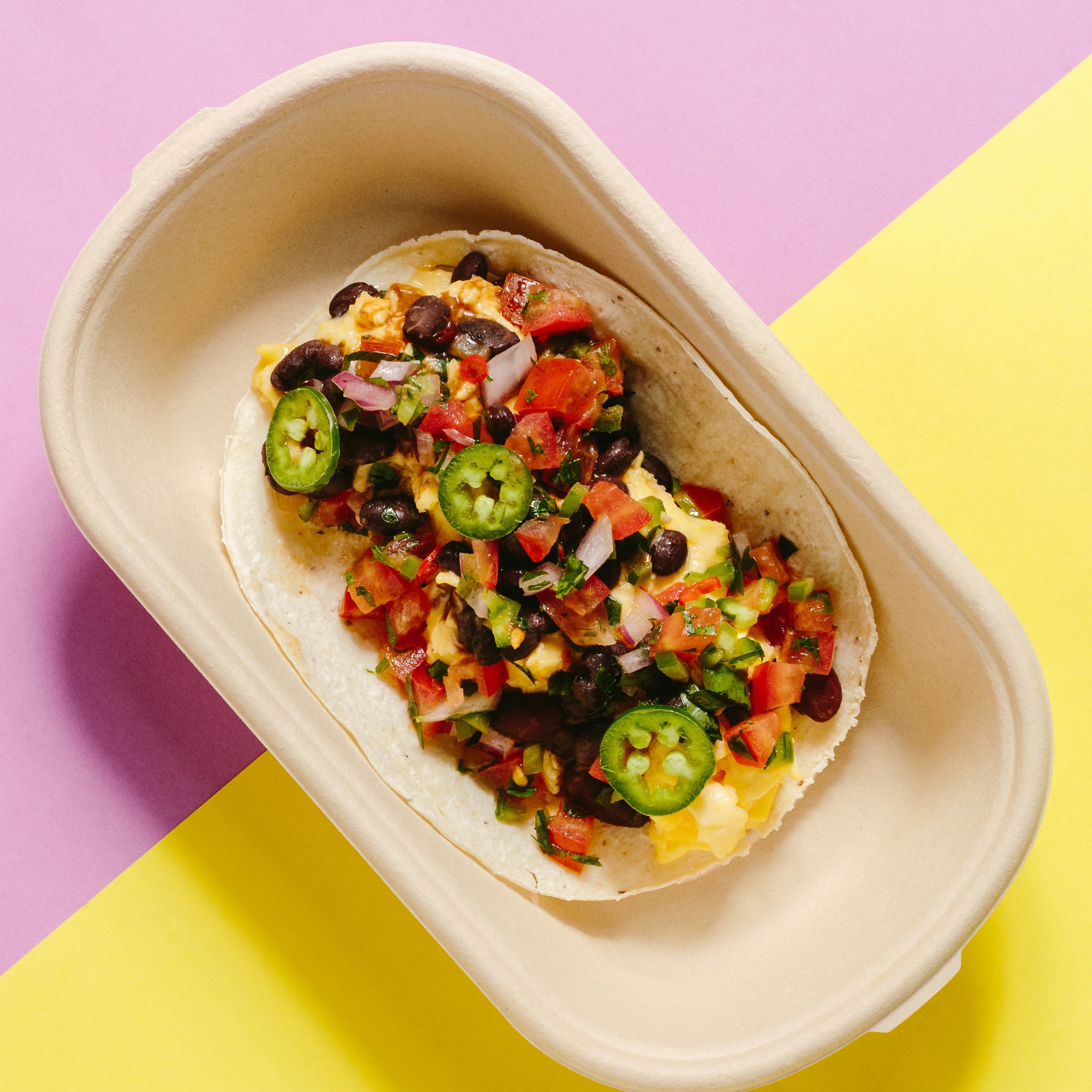 Breakfast Burrito & Plant Based Chicken Sofrito with Scrambled Eggs, B