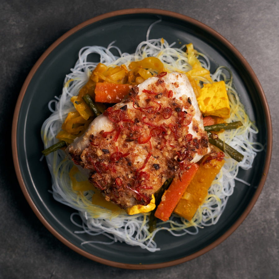 Low Fat Chili Baked Snapper with Sayur Lodeh & Rice Vermicelli Noodles