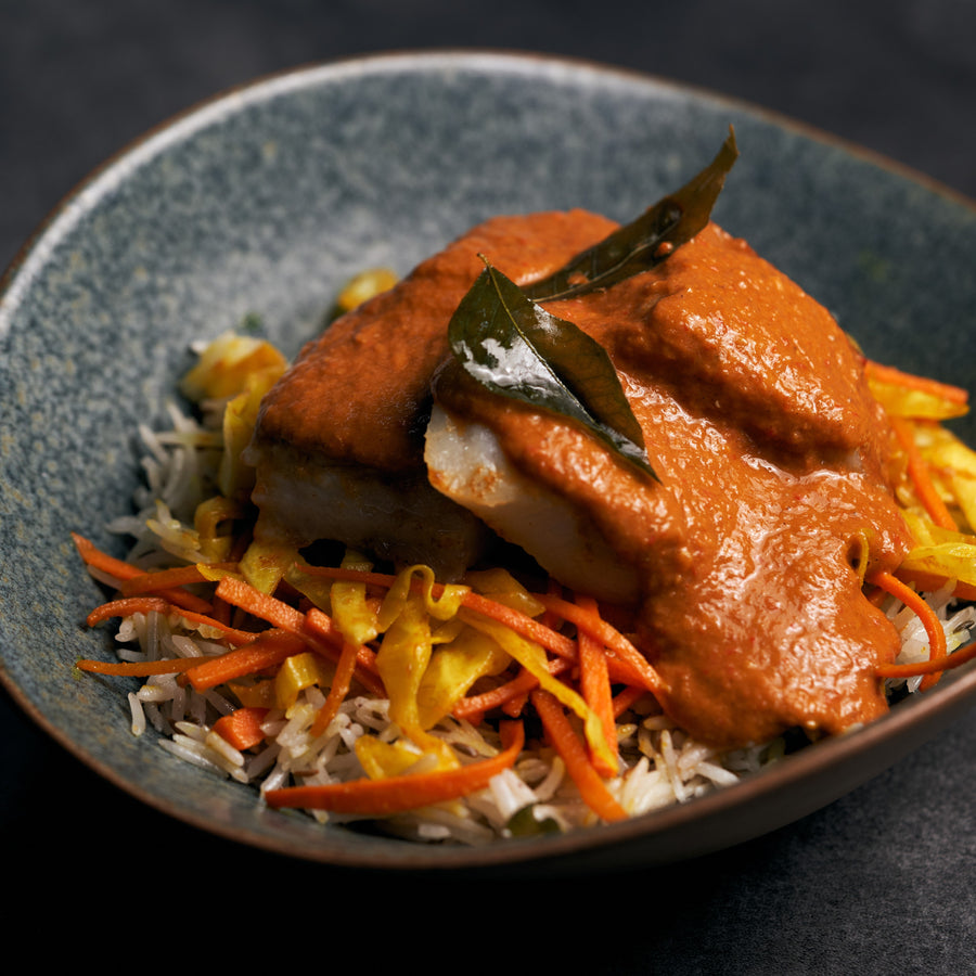 Fish Vindaloo with Stir Fried Turmeric Cabbage & Jeera Rice