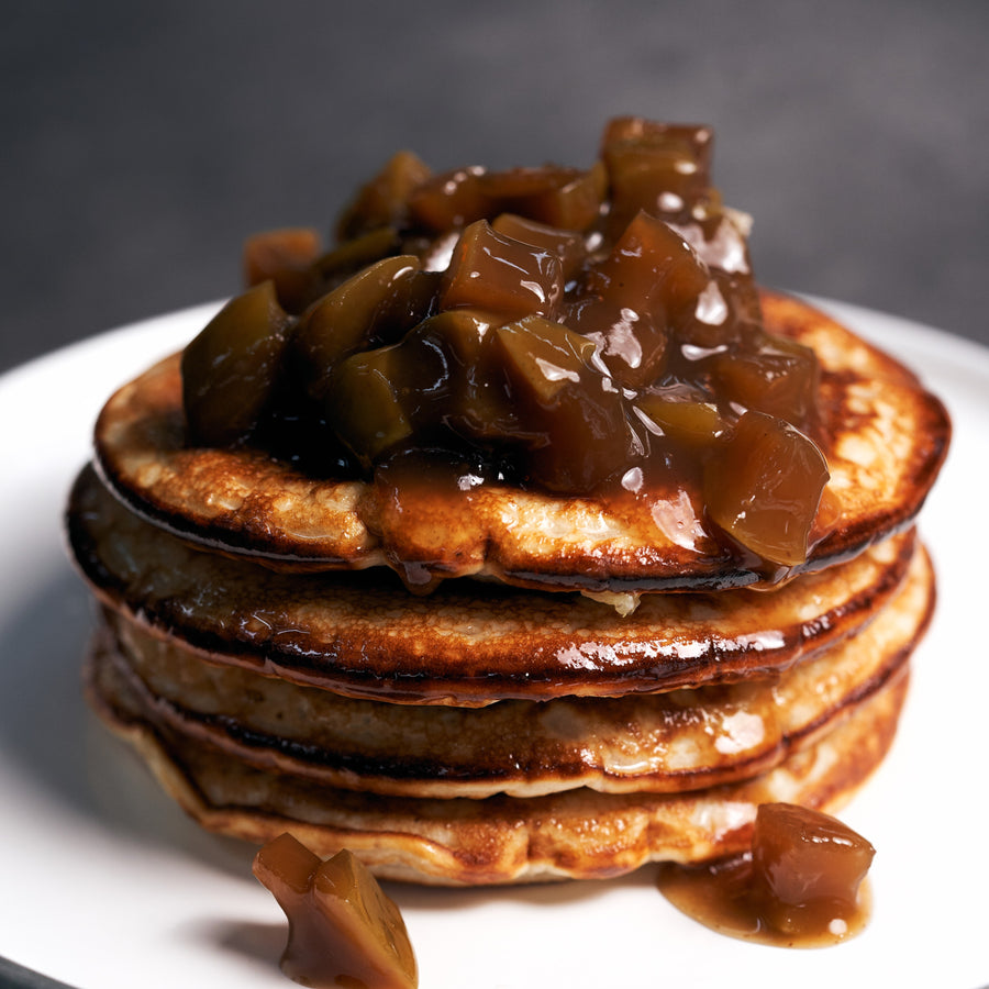Vanilla Chai Pancakes with Plum & Apricot Compote