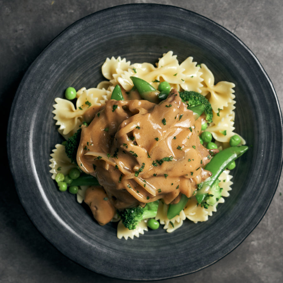 Pasture Fed Beef Stroganoff with Steamed Green Vegetables & Fusilli