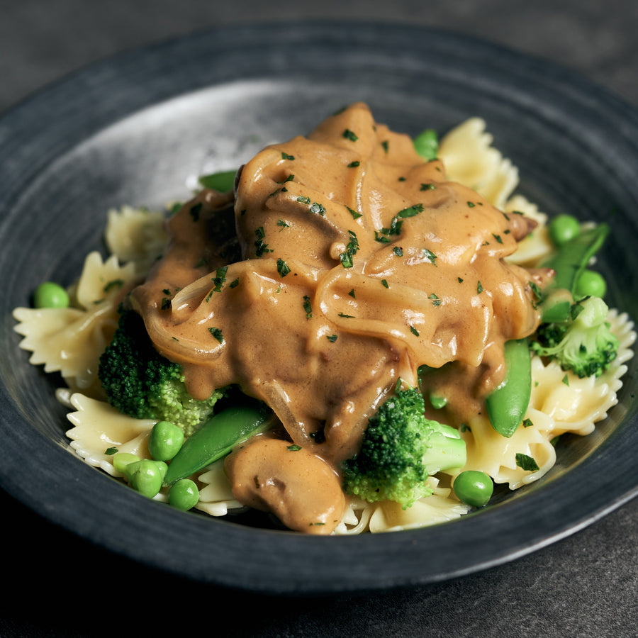 Pasture Fed Beef Stroganoff with Steamed Green Vegetables & Fusilli