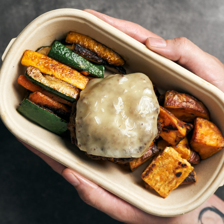 Naked Cheeseburger with Oven Veggie Fries, Tangy Burger Sauce & Sweet Potato Fries