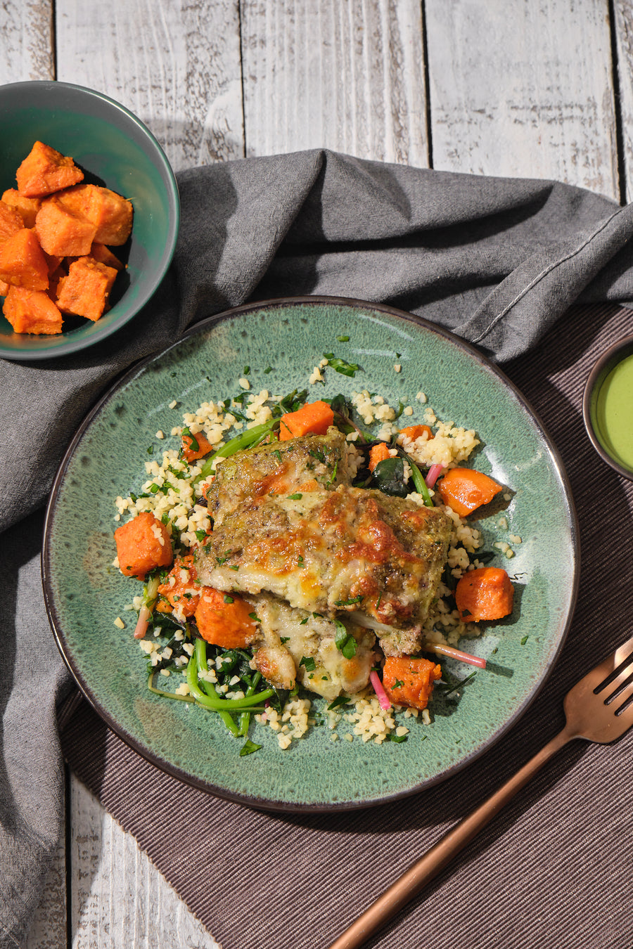 Herb Crusted Fish Fillet with Green Tahini Dressing, Spinach & Sweet Potato