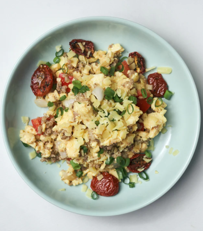 Scrambled Egg Hash with Plant Based Pork Mince & Oven Roasted Cherry Tomatoes