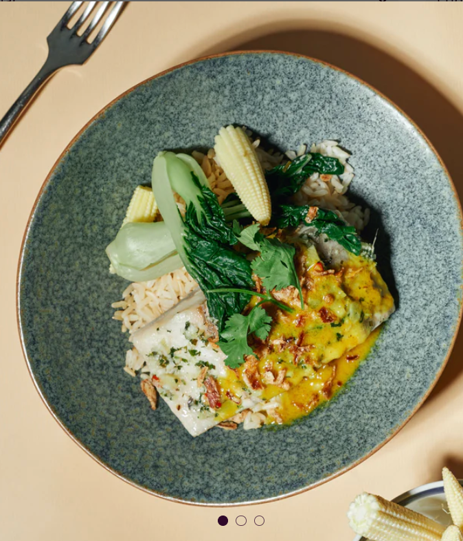 Steamed Barramundi with Lite Coconut Curry Sauce, Steamed Greens, Baby Nutrition Kitchen SG