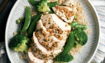 Herb Marinated Sous Vide Chicken Breast with Steamed Green Vegetables, Tzatziki