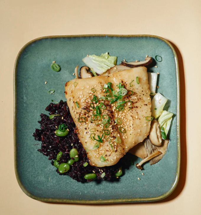 Miso Ginger Marinated Fish Fillet with Nappa Cabbage, Asian Mushrooms & Riceberry Rice with Edamame