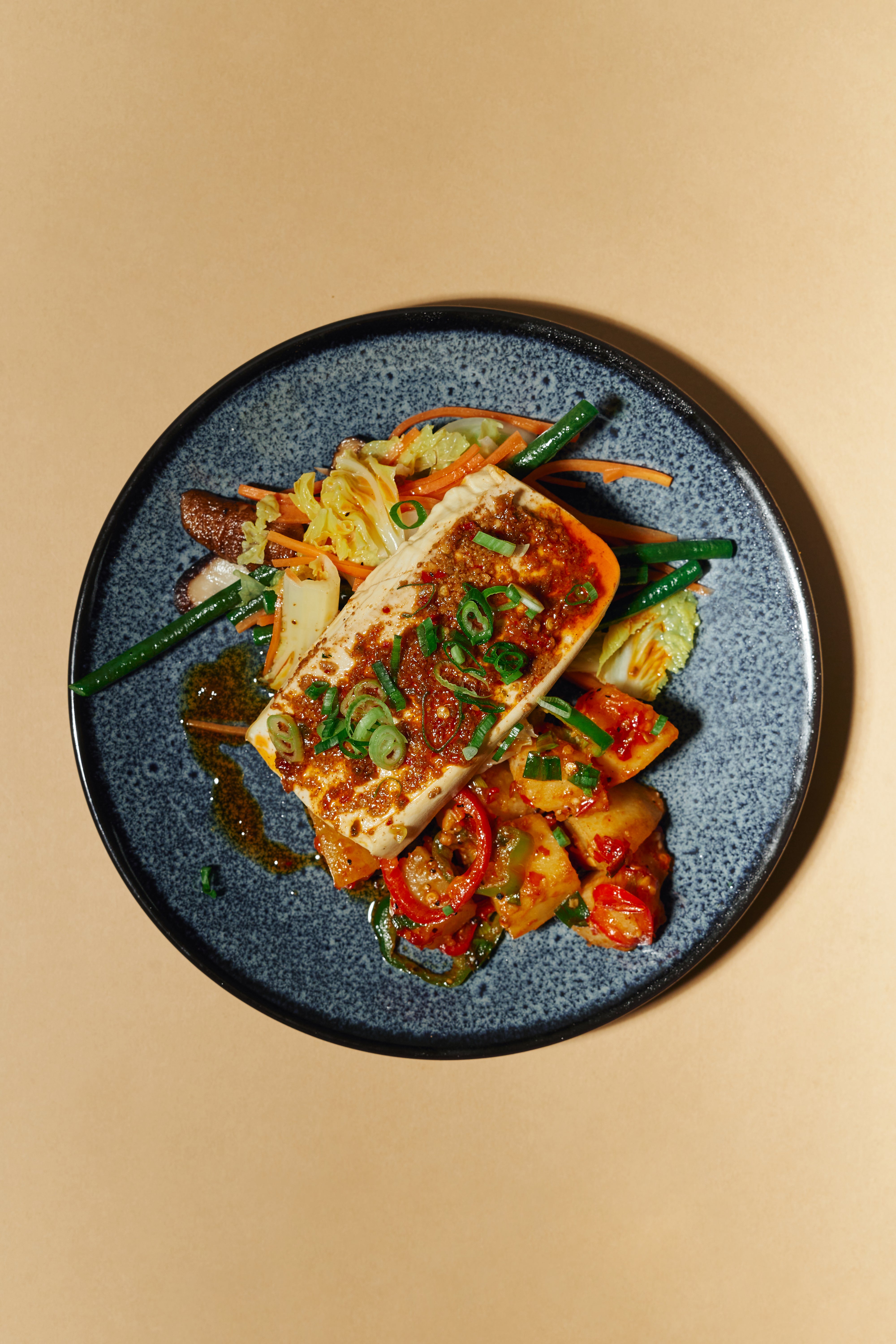 Sichuan Marinated Tofu with Sauteed Cabbage, Carrots & Green Beans & M