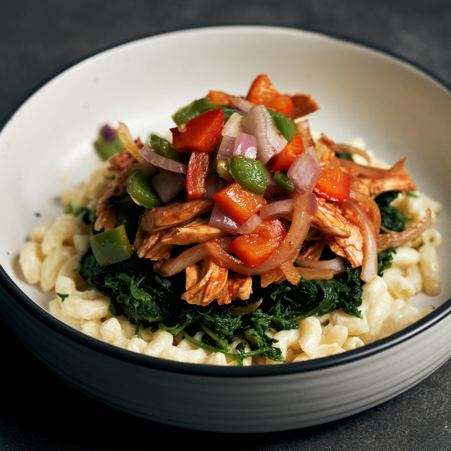 Texas Style Pulled BBQ Chicken with Sautéed Spinach, Peppers & Macaroni