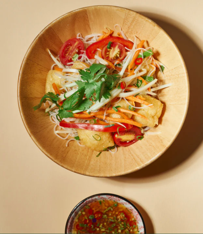 Thai Green Papaya Salad with Tofu Puff,  Nahm Jim & Vermicelli Noodles