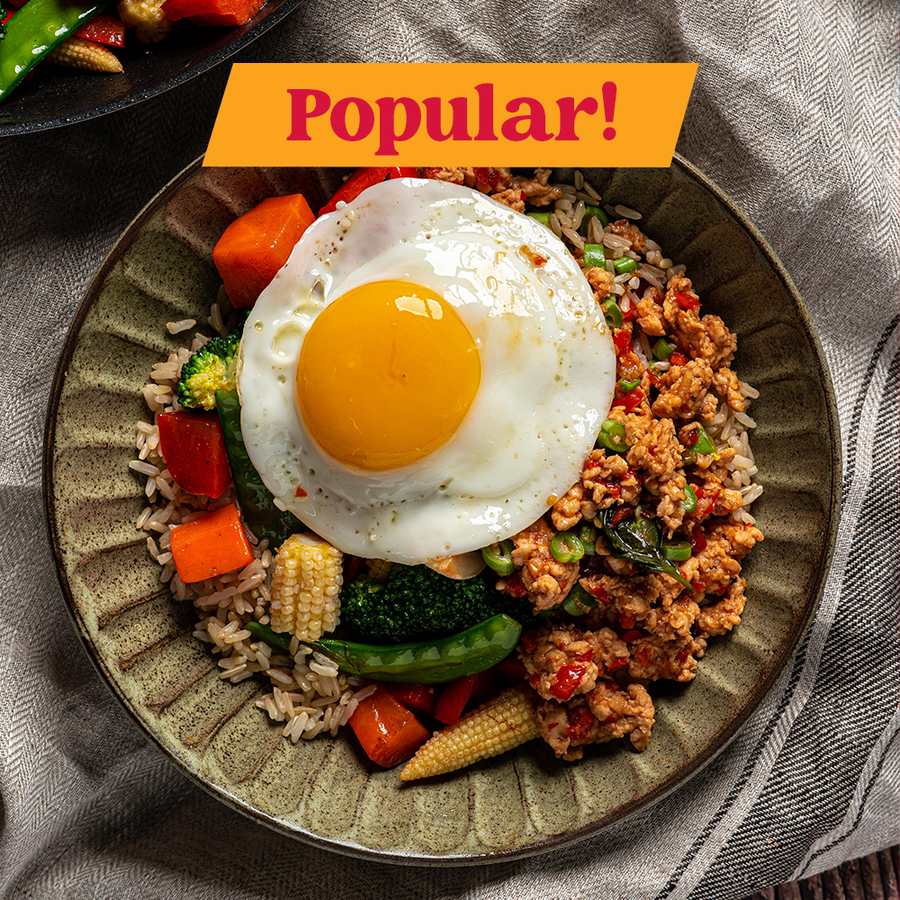 Stir Fried Minced Chicken with Thai Basil, Fried Egg & Thai Stir Fried Vegetables and Brown Rice