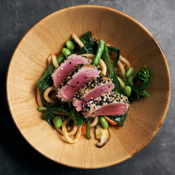 Sesame Tuna with Shredded Cabbage, Edamame, Oyster Sauce & Udon Noodles