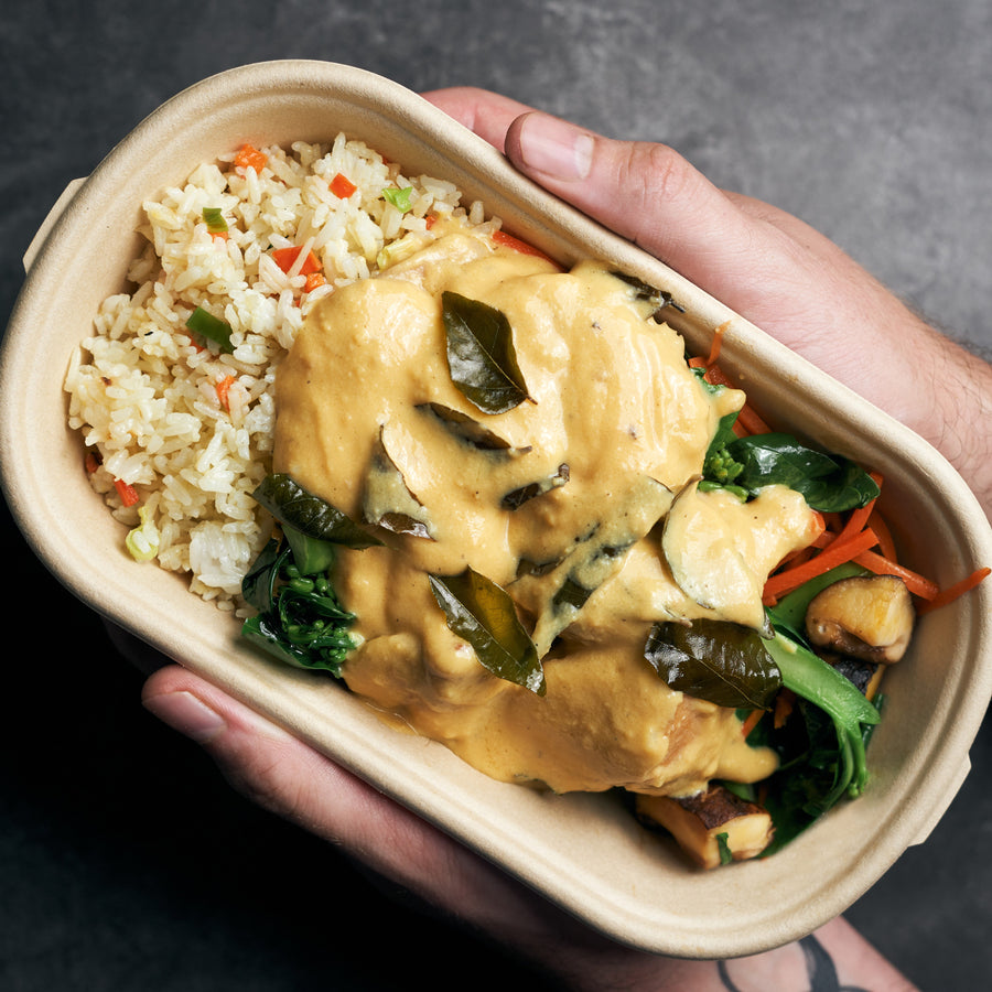 Singapore Salted Egg Yolk Chicken with Baby Kai Lan, Shiitake Mushrooms & Carrots