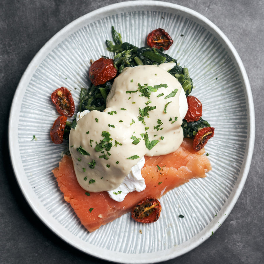 Poached Eggs Florentine with Sautéed Spinach, Smoked Salmon & Mornay Sauce