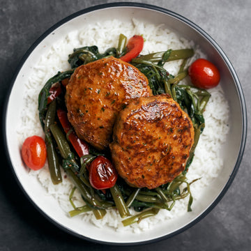 Thai Style Fish Cakes with Sauteed Morning Glory, Nuoc Cham & Pandan Coconut Rice