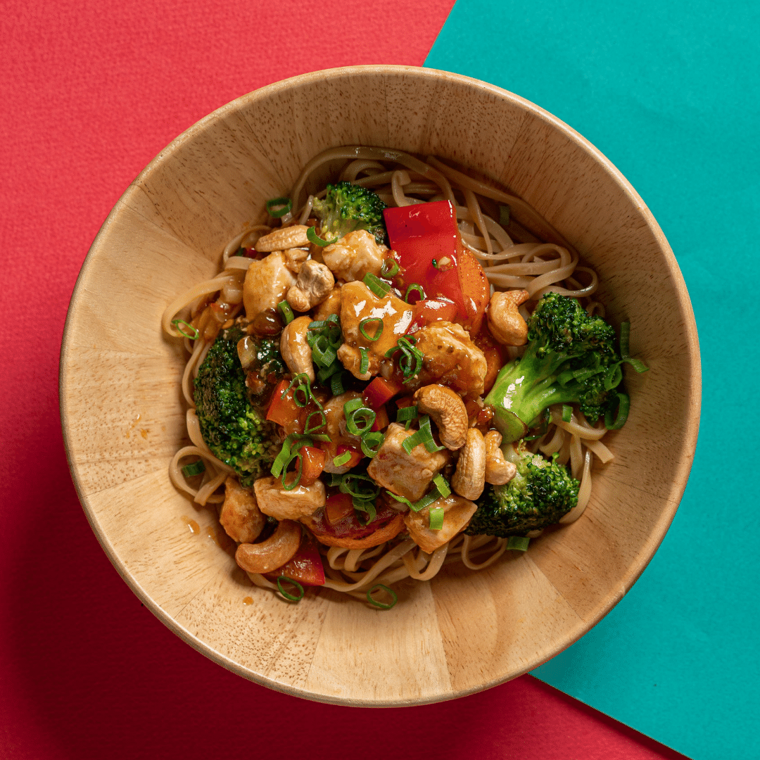 Kung Pao Chicken with Cashews, Mixed Vegetable Stir Fry & Egg Noodle
