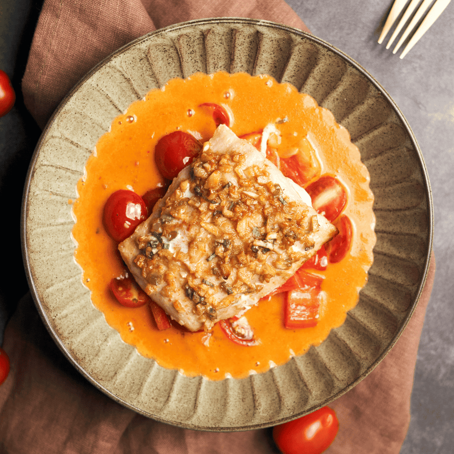 Roasted Seabass with Romesco Sauce, Roasted Zucchini, Peppers & Tomatoes & Orzo