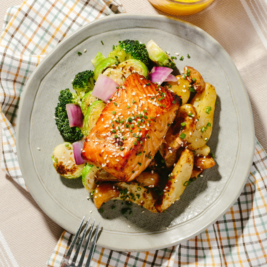 Maple Balsamic Roasted Salmon with Roasted Brussels Sprouts & Broccoli and Garlic Roasted Potatoes