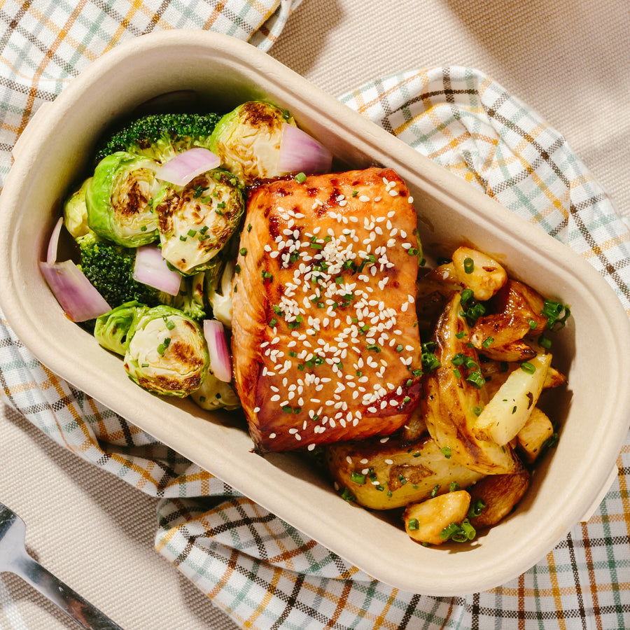 Maple Balsamic Roasted Salmon with Roasted Brussels Sprouts & Broccoli