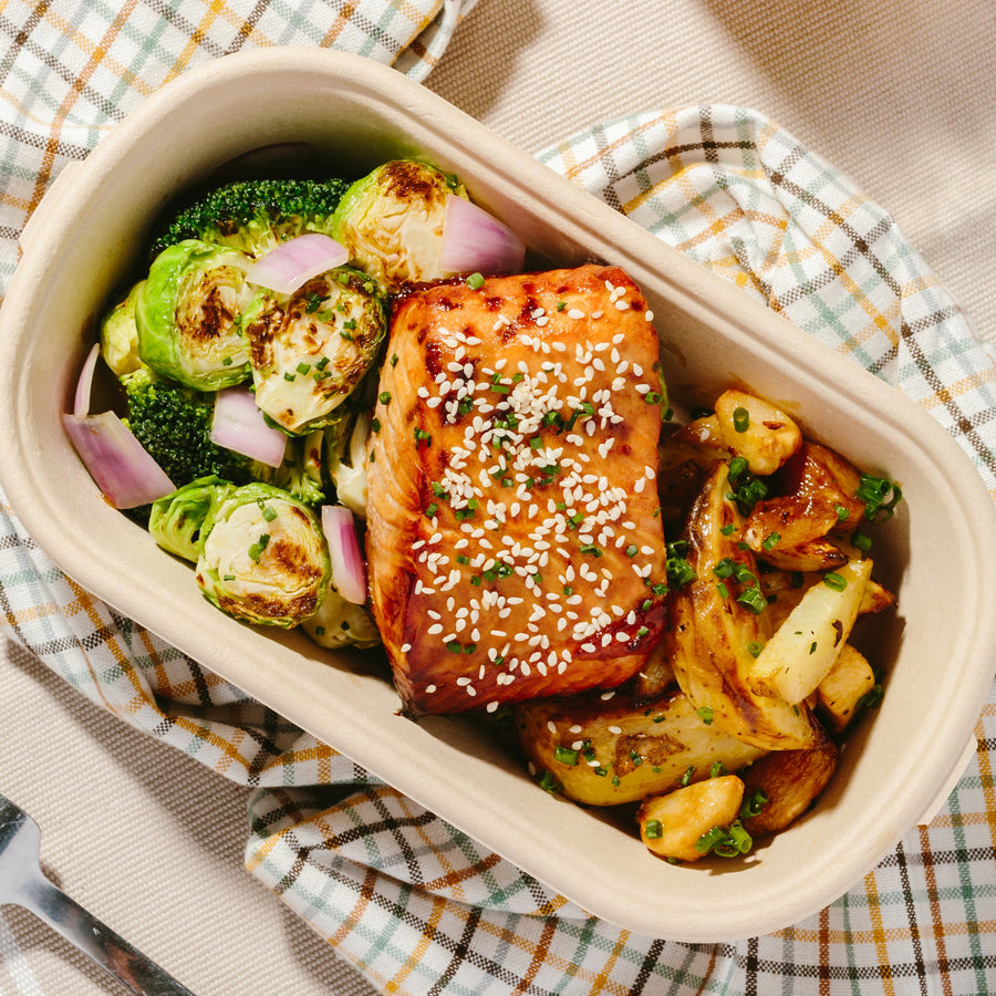 Maple Balsamic Roasted Salmon with Roasted Brussels Sprouts & Broccoli and Garlic Roasted Potatoes