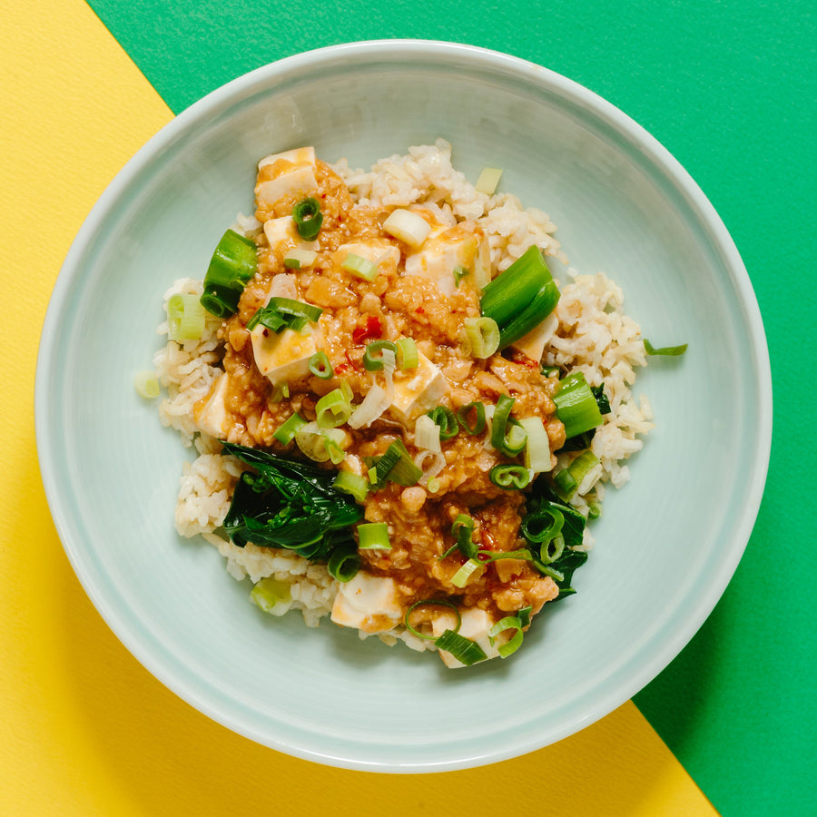 Omnipork Mapo Tofu with Choy Sum & Fragrant Thai Brown Rice