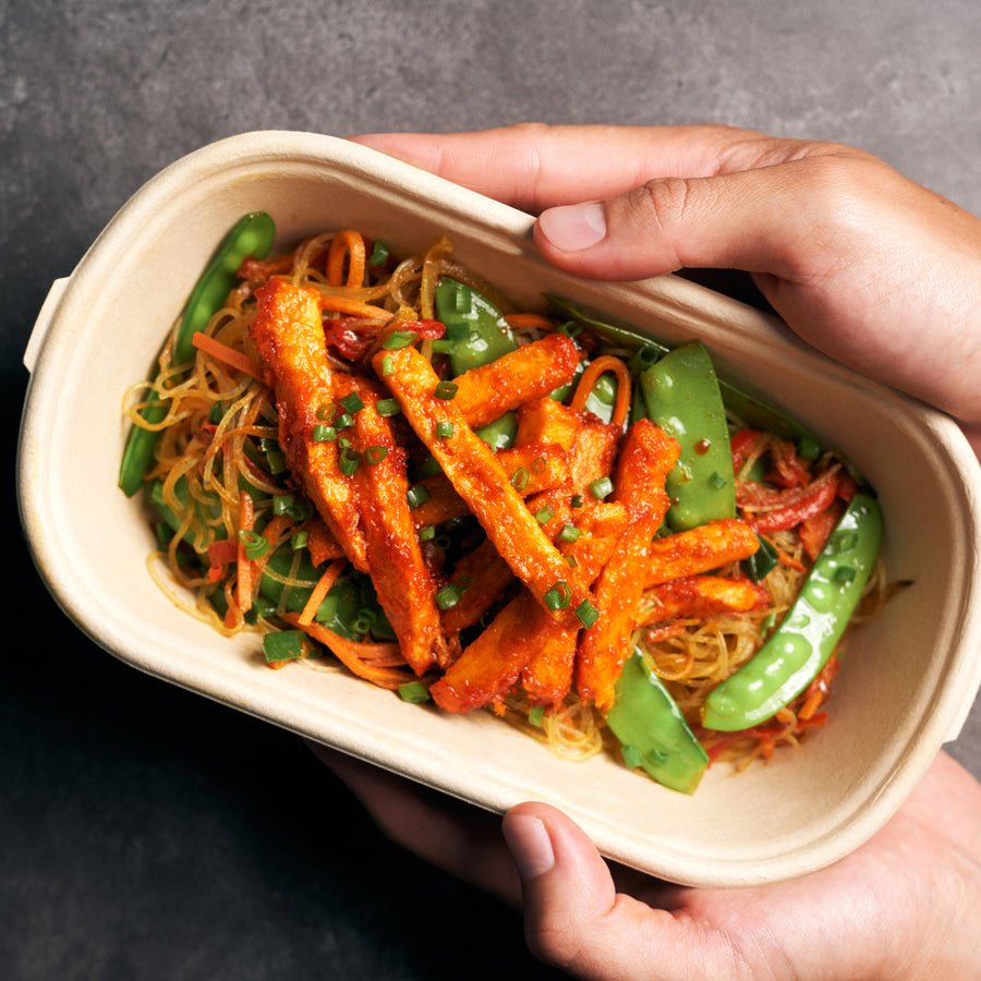 Singapore Style Curried Noodles with Char Siu Omni Pork Strips, Snow Peas, Red Peppers & Shredded Carrots