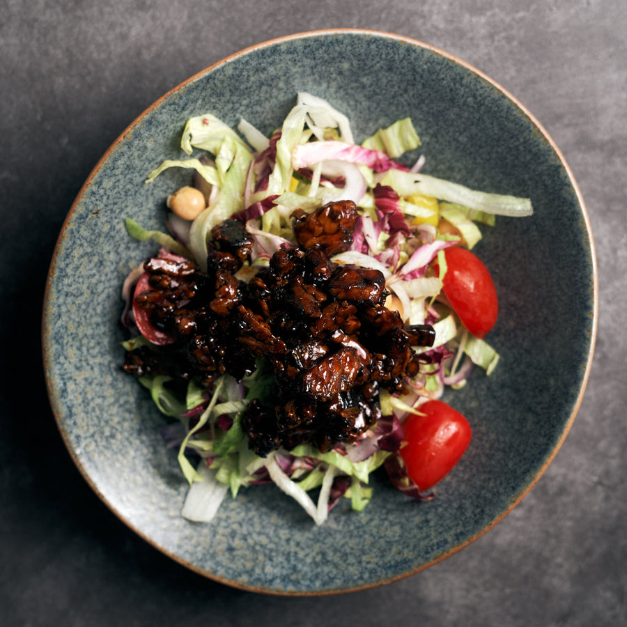 Chopped Salad with Soy Glazed Crumbled Tempeh, Tomatoes, Pepperoncini & Lemon Vinaigrette