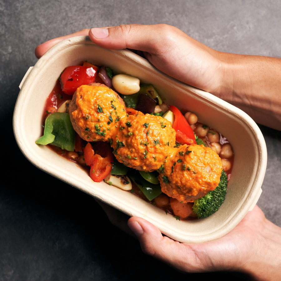 Moroccan Lentil & Plant Based Beef Meatballs with Roasted Red Pepper Sauce