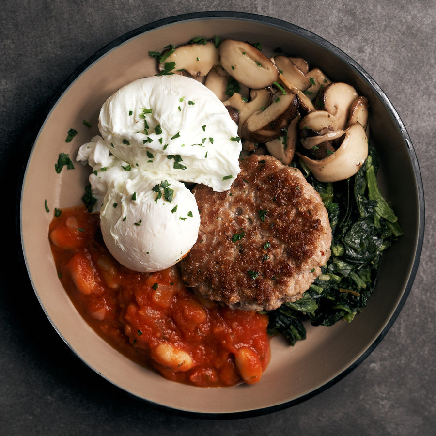 Poached Eggs with Italian Sausage Patty and Tuscan Baked Beans