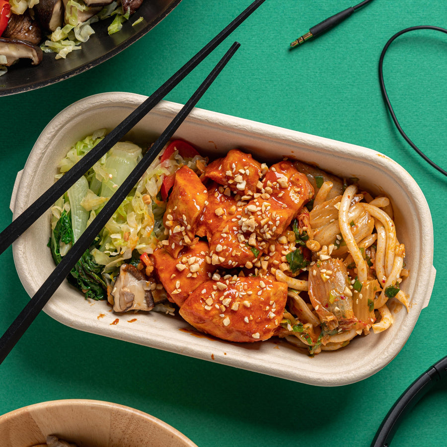 Korean BBQ Chicken with Bok Choy, Shiitake Mushrooms, Cabbage & Kimchi and Udon Noodles