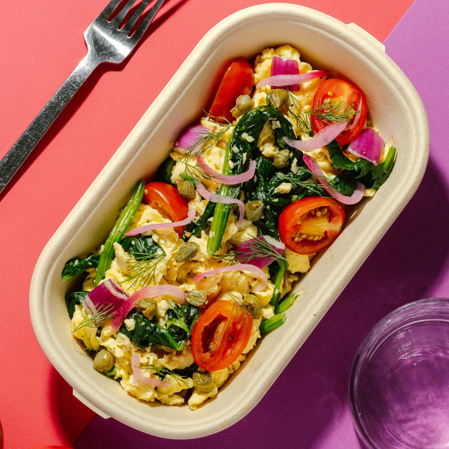 Scrambled Egg Toss with Rocket Lettuce, Fresh Herbs, Capers, Pickled Red Onion, Cherry Tomato & Spinach