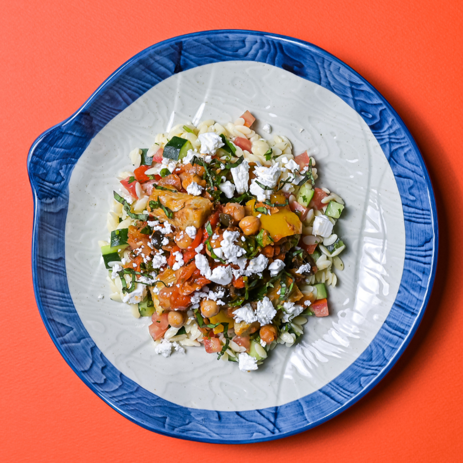 Mediterranean Chickpea Stew with Artichokes, Olives, Roasted Peppers, Orzo Salad & Feta
