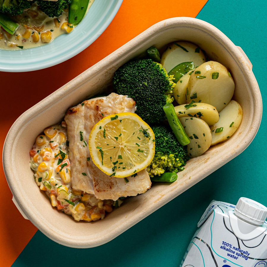 Steamed Halibut with Clam Chowder Sauce & Steamed Green Vegetables