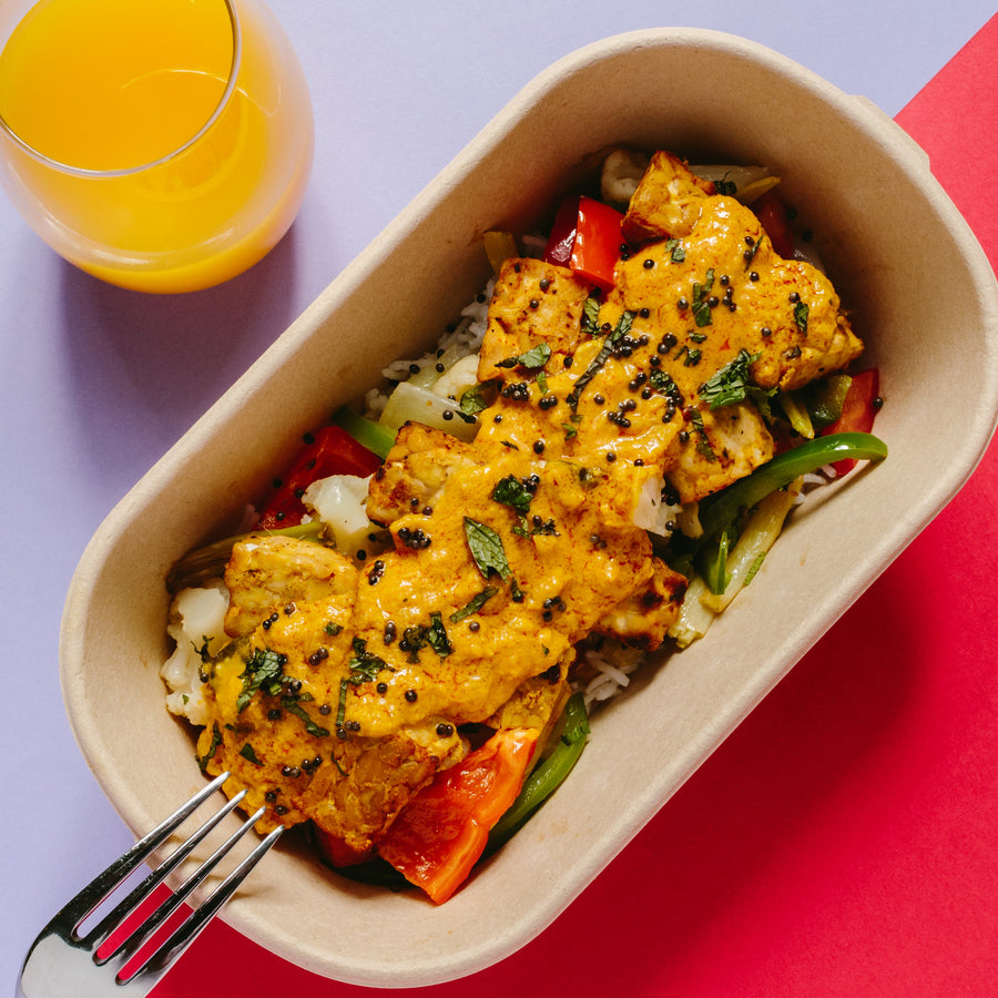 Kerala Curried Tempeh with Cauliflower & Peppers and Brown Rice