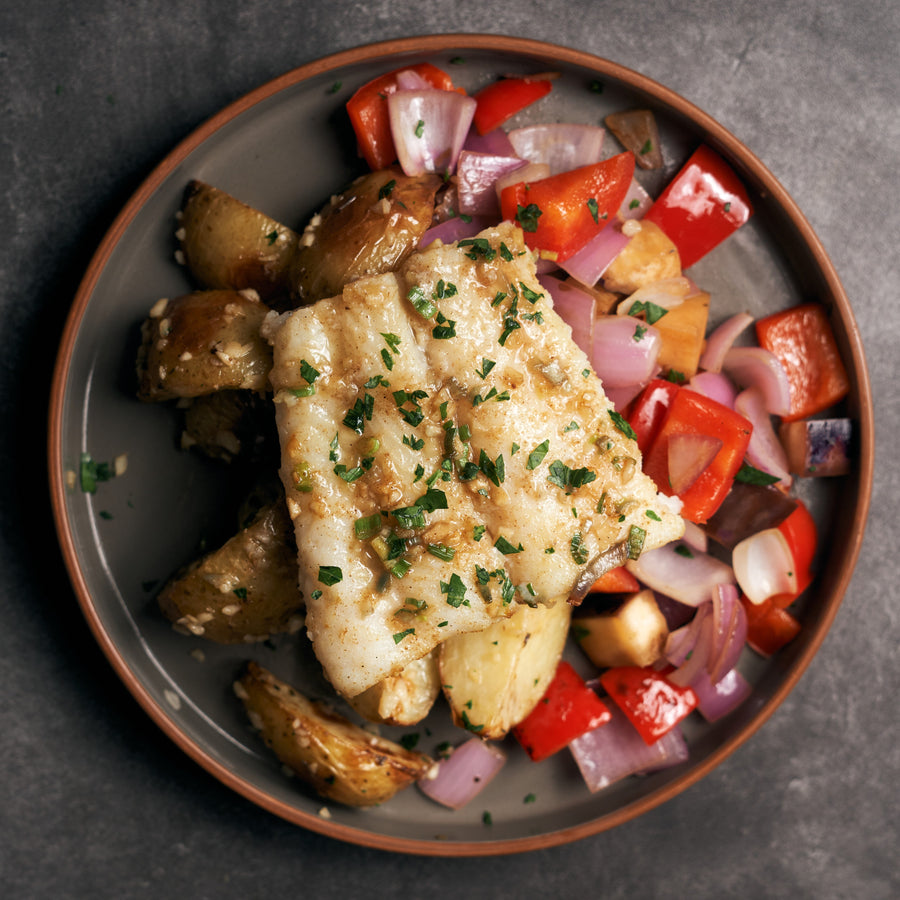 Mediterranean Roasted Sole Fish with Peppers & Greek Style Potatoes