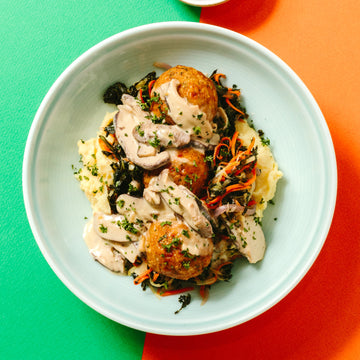 Swedish Style Plant Based Pork Meatballs with Mushroom Gravy, Braised Cabbage, Mashed Potatoes & Lingonberry