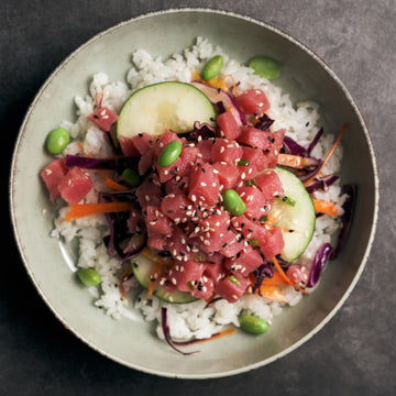 Tuna Poke Bowl with Mango, Yuzu Pickled Vegetables, Edamame & Sushi Rice