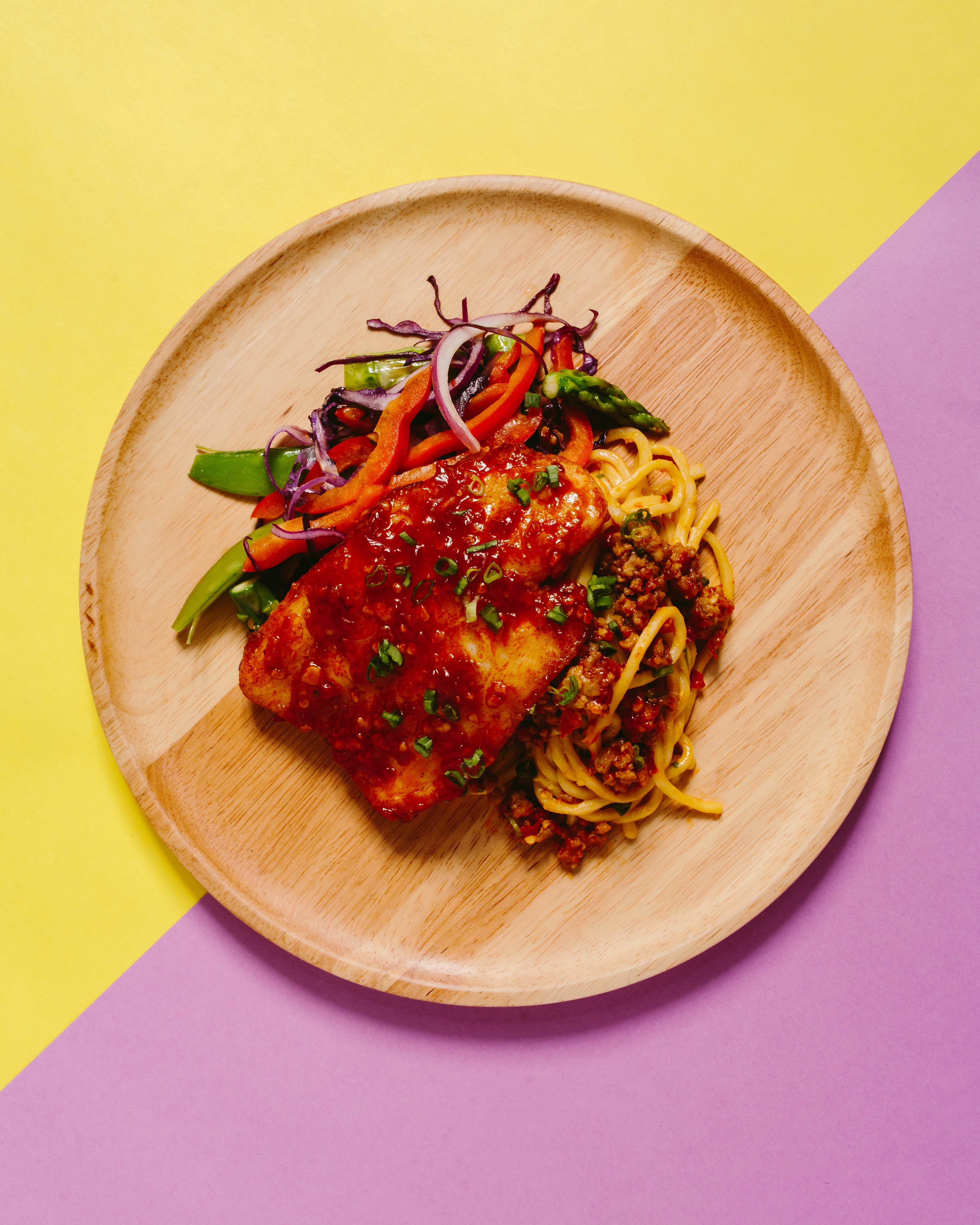 Sichuan Marinated Sole Fish with Sauteed Cabbage, Carrots, Asparagus