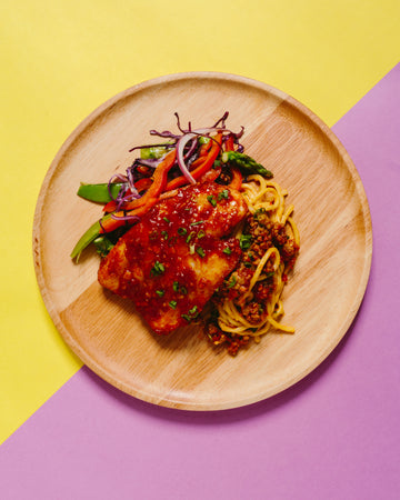 Sichuan Marinated Sole Fish with Sauteed Cabbage, Carrots, Asparagus & Mushrooms