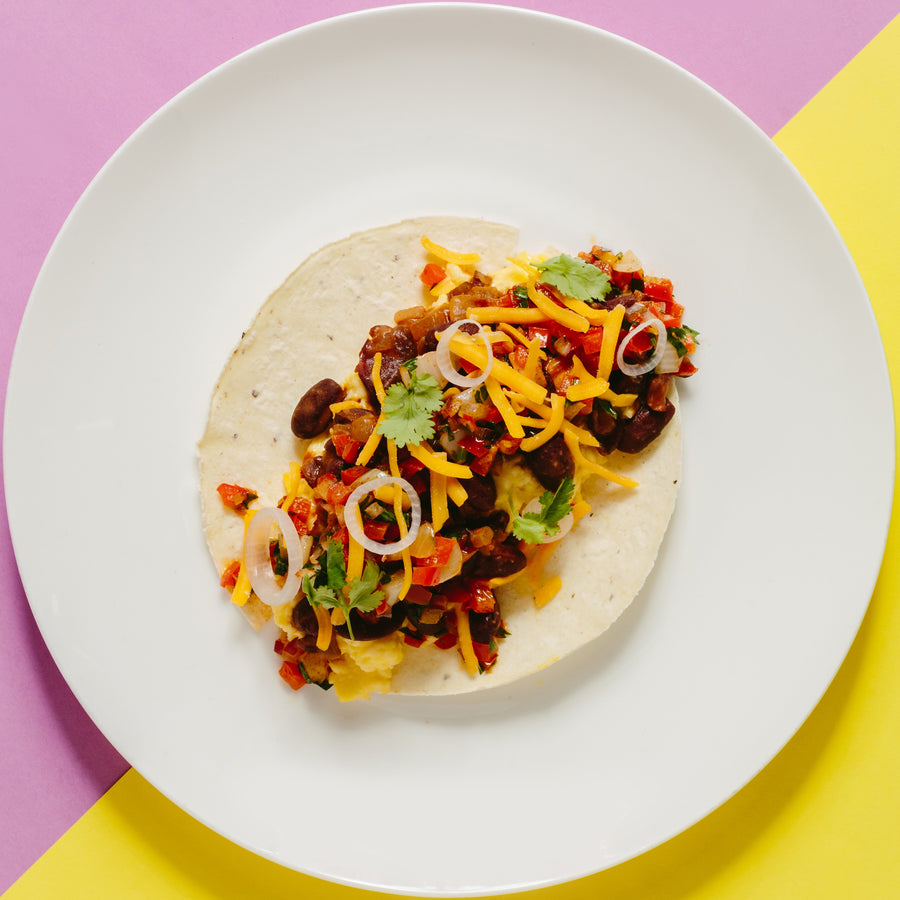 Pinto Bean & Scrambled Egg Breakfast Burritos with Tomato Salsa & Guacamole