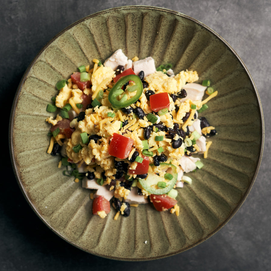 Southwest Scrambled Eggs with Tomato, Black Beans, Jalapeno & Chicken