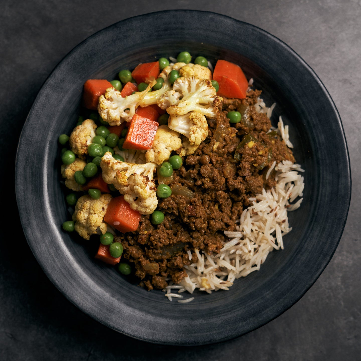Grass-Fed Beef Keema with Green Peas, Carrot, Curried Cauliflower & Steamed Jeera Rice