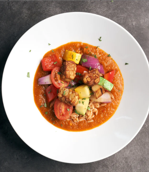 Tempeh Ratatouille with Provencal Vegetable Puree & Orzo