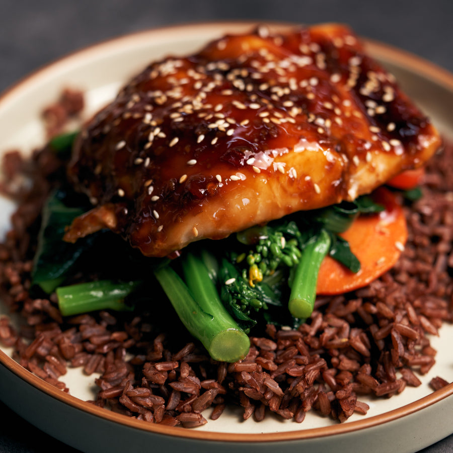 Asian Glazed Roasted Barramundi with Chili Garlic Choy Sum