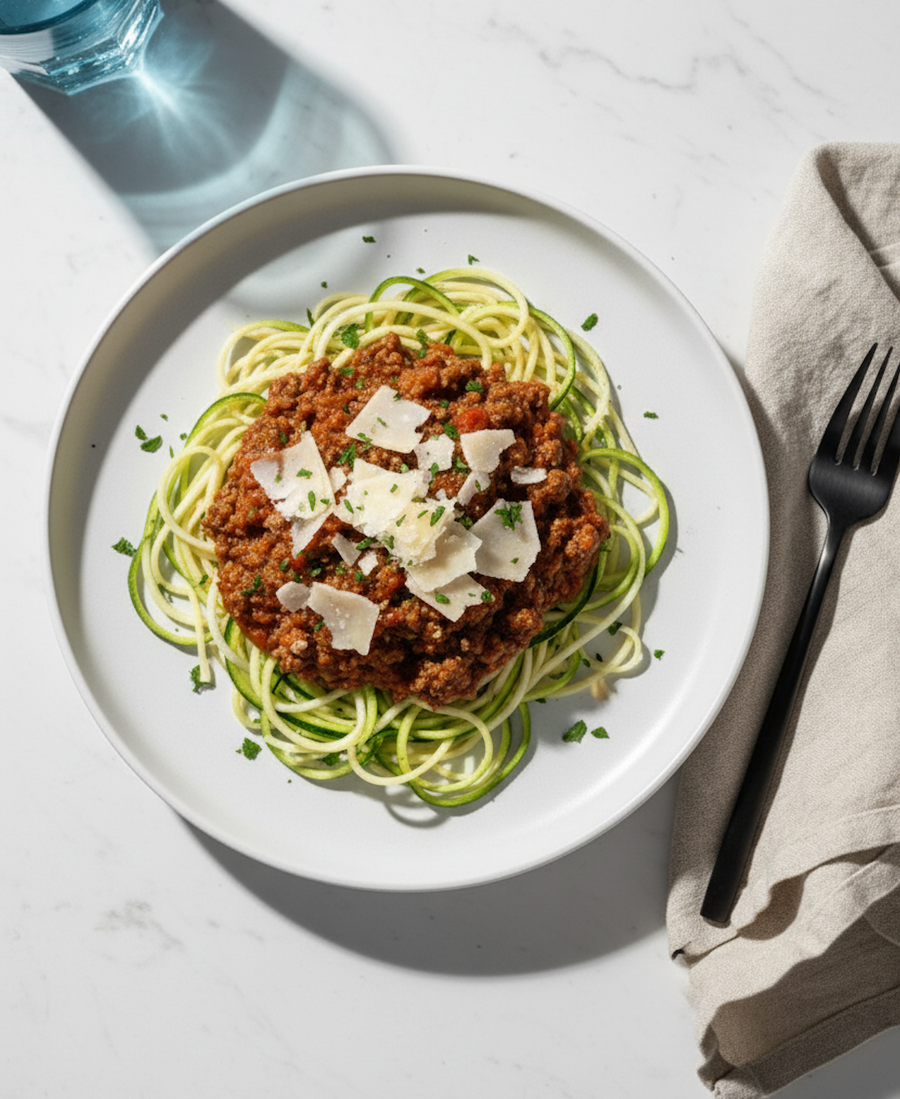 Pasture Fed Beef Bolognese with Zucchini, Parmesan & Spaghetti
